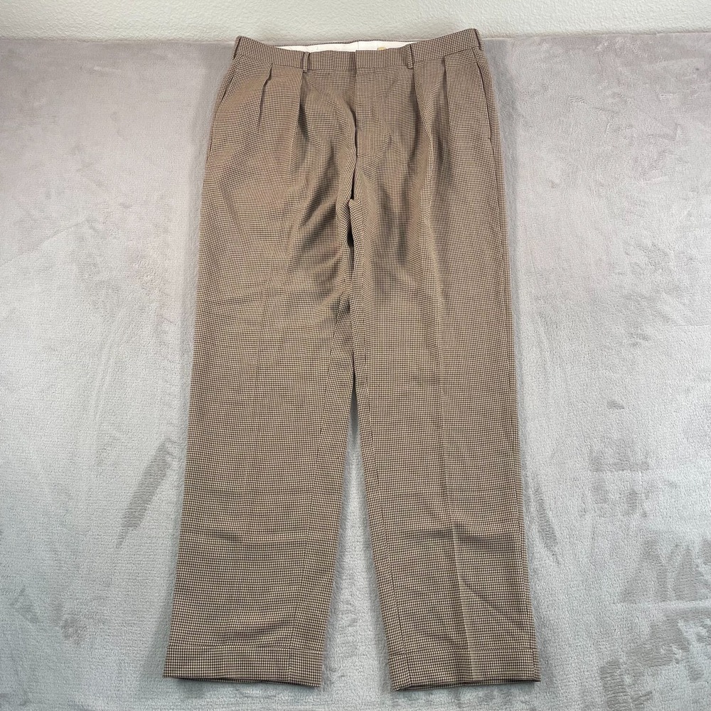 Polo Ralph Lauren Trouser Men 36x33 Brown Wool Mohair Houndstooth Pleated Cuffed